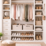 Organized walk-in closet with neatly arranged clothing, shelves, storage bins, and shoes for a clean, functional space.