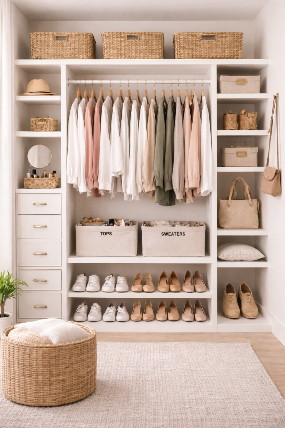 Organized walk-in closet with neatly arranged clothing, shelves, storage bins, and shoes for a clean, functional space.