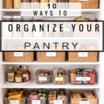 pantry with baskets, organized and labeled