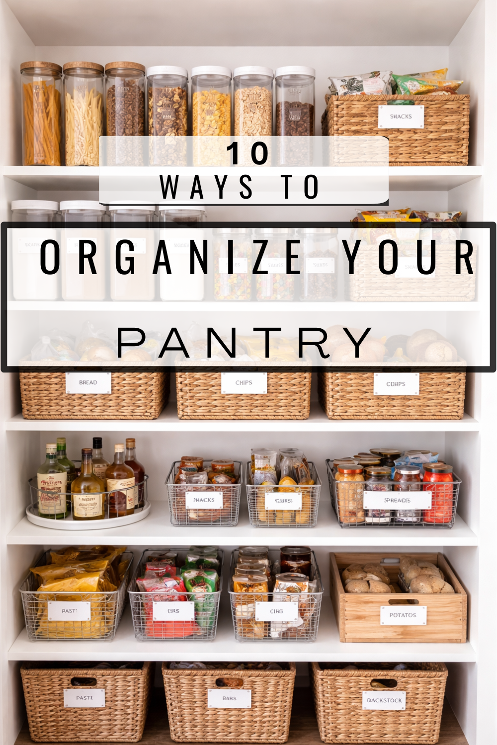 pantry with baskets, organized and labeled